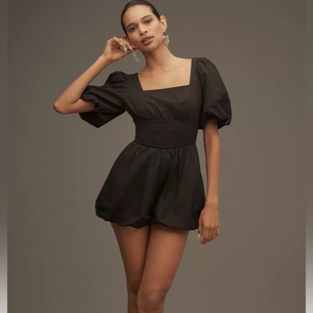 Maeve Puff-Sleeve Smocked Romper Black Womens Size XXS